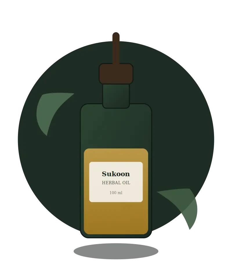 Bottle of Sukoon Herbal Oil with a dropper cap, illustrated among herbal leaves