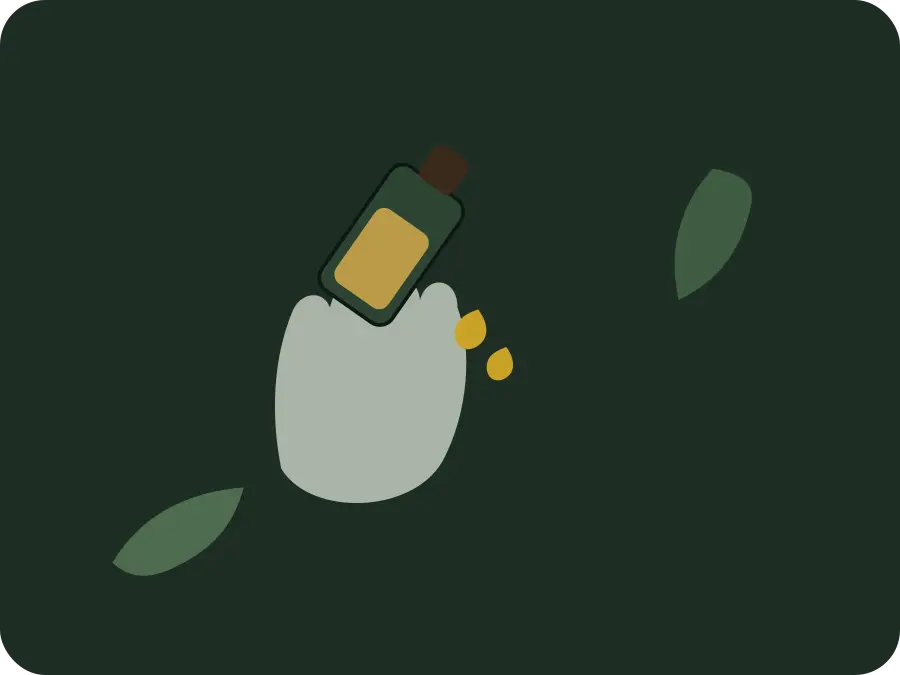 Illustration of herbal oil being poured into an open palm as part of a massage routine